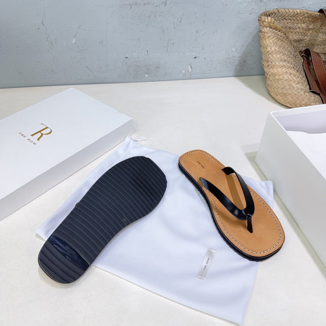 THE ROW 26S THONG SANDALS IN BROWN CALFSKIN BLACK STRAP