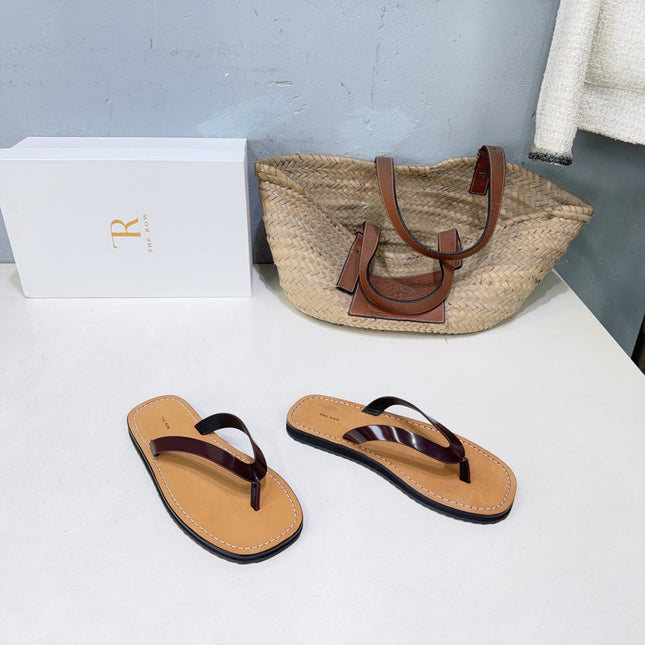 THE ROW 26S THONG SANDALS IN BROWN CALFSKIN DARK BROWN STRAP