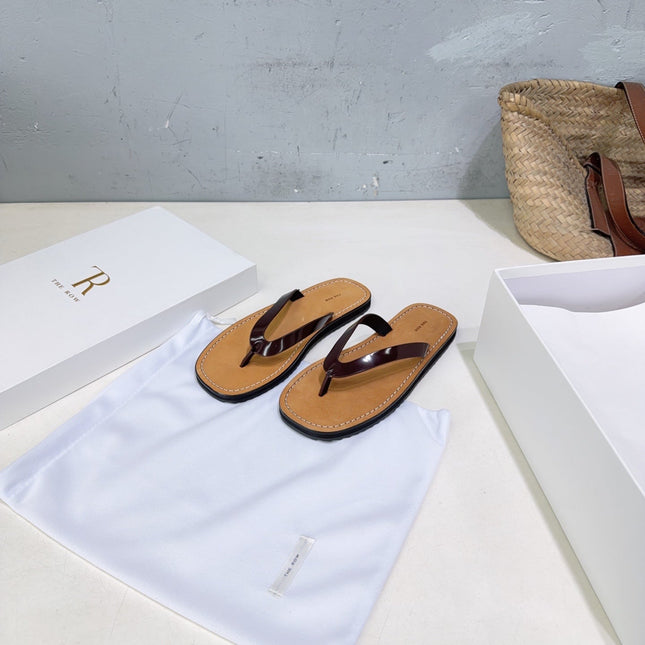 THE ROW 26S THONG SANDALS IN BROWN CALFSKIN DARK BROWN STRAP