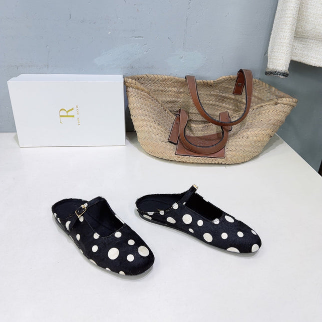 THE ROW 26S MARY JANE FLATS IN BLACK CALFSKIN POLKA DOT CALF HAIR