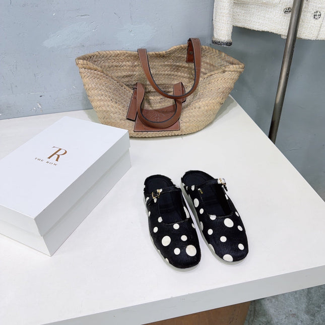 THE ROW 26S MARY JANE FLATS IN BLACK CALFSKIN POLKA DOT CALF HAIR