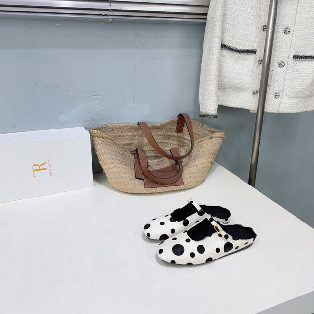 THE ROW 26S MARY JANE FLATS IN WHITE CALFSKIN POLKA DOT CALF HAIR