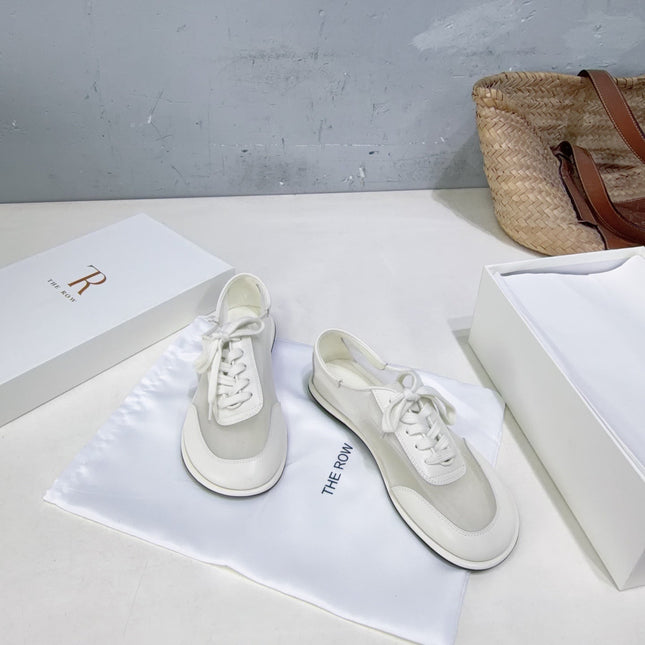 THE ROW 26S LACE UP SNEAKERS IN WHITE CALFSKIN AND MESH