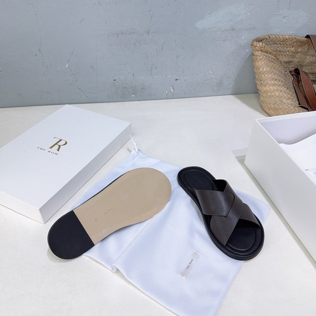 THE ROW 26S SLIDES SANDALS IN DARK BROWN CALFKIN