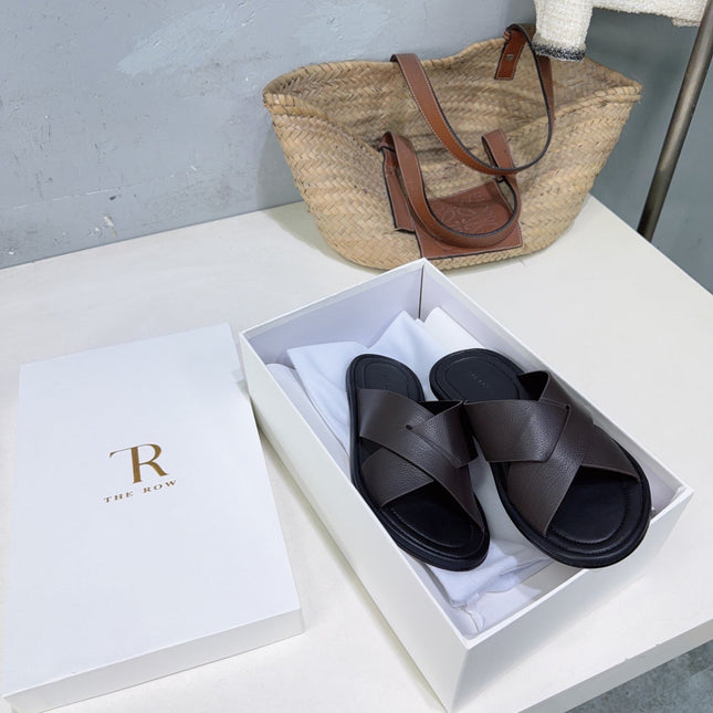 THE ROW 26S SLIDES SANDALS IN DARK BROWN CALFKIN