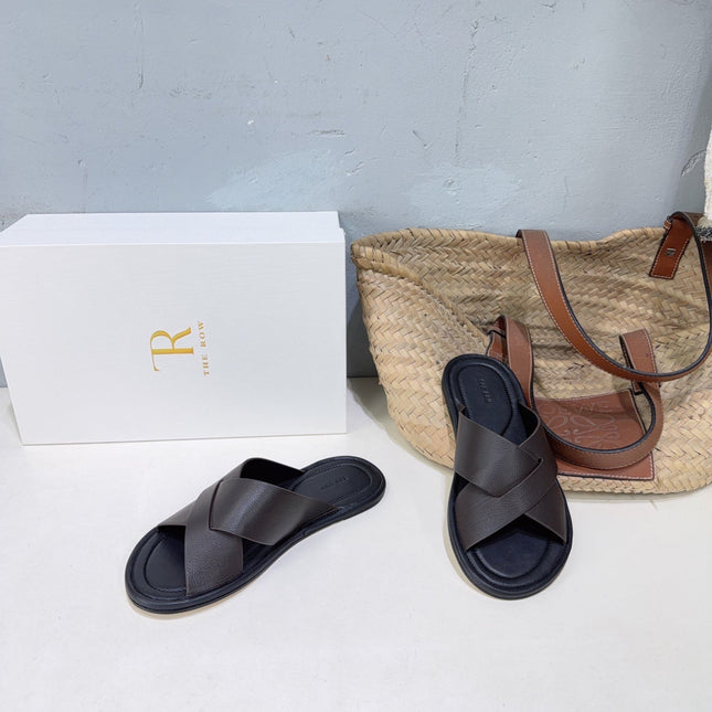 THE ROW 26S SLIDES SANDALS IN DARK BROWN CALFKIN