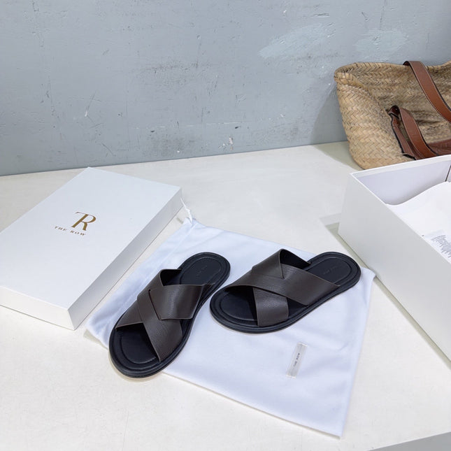 THE ROW 26S SLIDES SANDALS IN DARK BROWN CALFKIN
