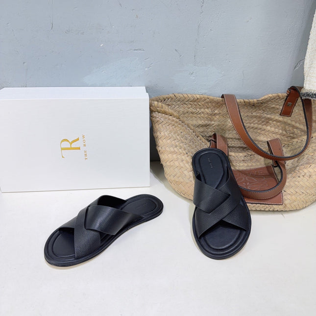 THE ROW 26S SLIDES SANDALS IN BLACK CALFKIN