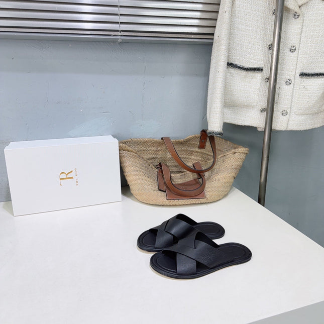 THE ROW 26S SLIDES SANDALS IN BLACK CALFKIN