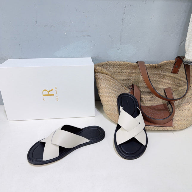 THE ROW 26S SLIDES SANDALS IN WHITE AND BLACK CALFKIN