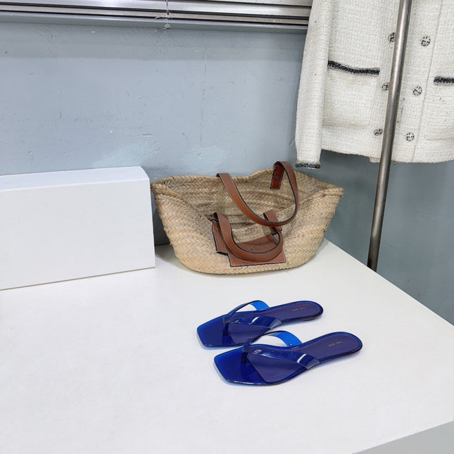 THE ROW 26S SQUARE TOE THONG SANDALS IN TRANSLUCENT BLUE PVC WITH SILVER FOOTBED