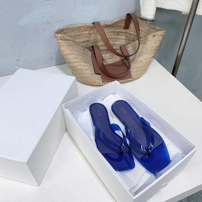 THE ROW 26S SQUARE TOE THONG SANDALS IN TRANSLUCENT BLUE PVC WITH SILVER FOOTBED