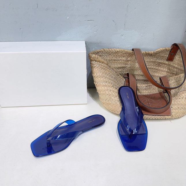 THE ROW 26S SQUARE TOE THONG SANDALS IN TRANSLUCENT BLUE PVC WITH SILVER FOOTBED