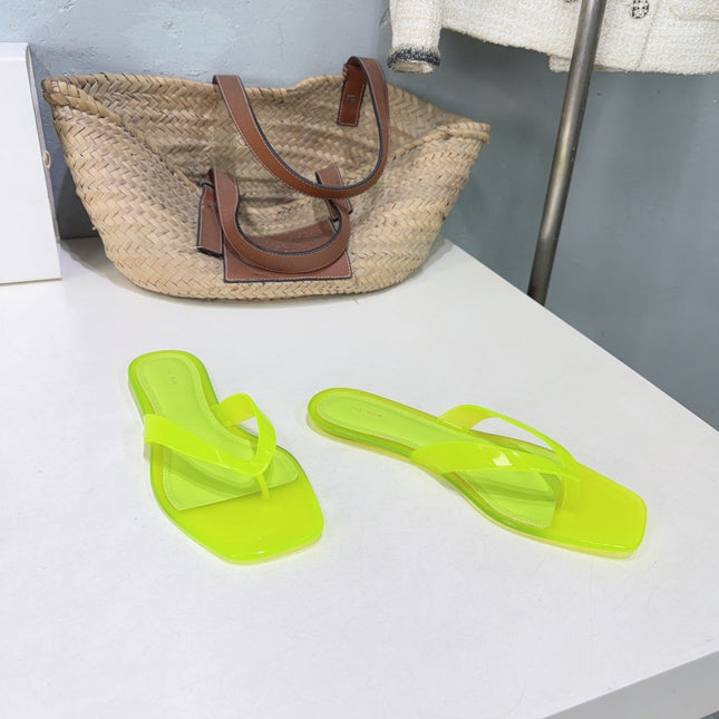 THE ROW 26S SQUARE TOE THONG SANDALS IN TRANSLUCENT YELLOW PVC WITH SILVER FOOTBED