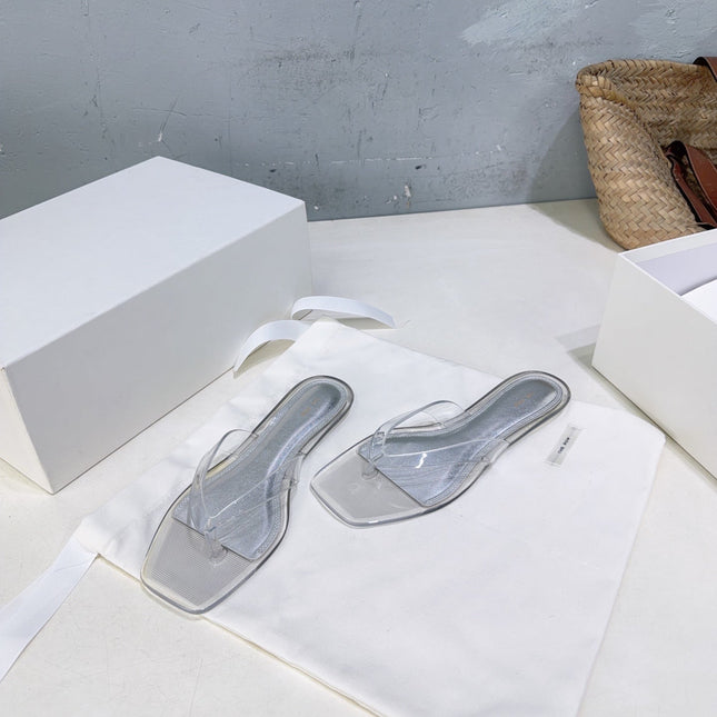 THE ROW 26S SQUARE TOE THONG SANDALS IN CLEAR PVC WITH SILVER FOOTBED