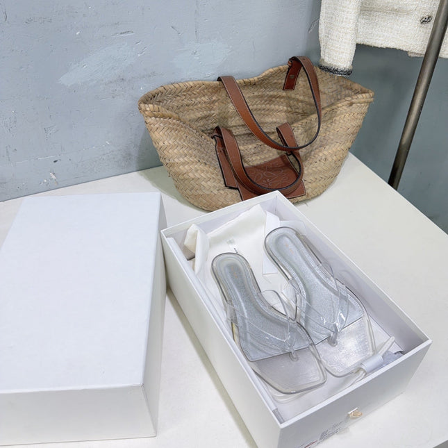 THE ROW 26S SQUARE TOE THONG SANDALS IN CLEAR PVC WITH SILVER FOOTBED