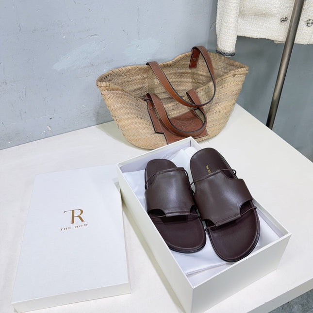 THE ROW 26S STRAP SLIDES IN CHOCOLATE BROWN CALFSKIN