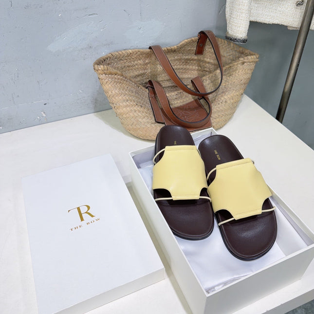 THE ROW 26S STRAP SLIDES IN LIGHT YELLOW CALFSKIN