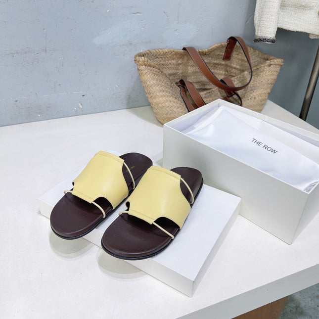 THE ROW 26S STRAP SLIDES IN LIGHT YELLOW CALFSKIN