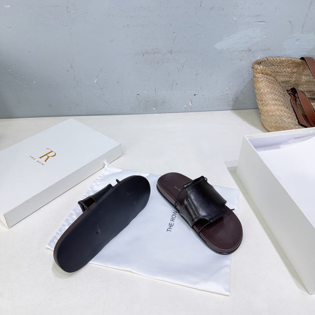 THE ROW 26S STRAP SLIDES IN DARK BROWN CALFSKIN