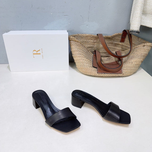 THE ROW 26S SQUARE TOE SLIDE SANDALS 45MM IN BLACK CALFSKIN