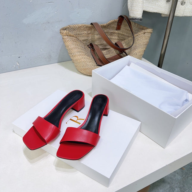THE ROW 26S SQUARE TOE SLIDE SANDALS 45MM IN DARK RED CALFSKIN