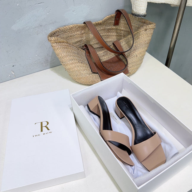 THE ROW 26S SQUARE TOE SLIDE SANDALS 45MM IN NUDE BEIGE CALFSKIN