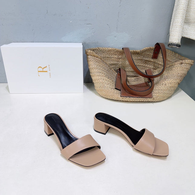 THE ROW 26S SQUARE TOE SLIDE SANDALS 45MM IN NUDE BEIGE CALFSKIN
