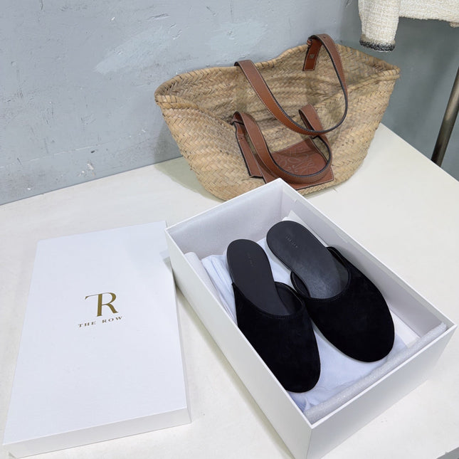 THE ROW 26S ROUND TOE MULE FLATS IN BLACK SUEDE