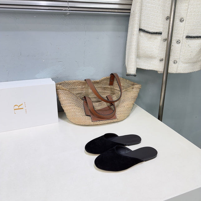 THE ROW 26S ROUND TOE MULE FLATS IN BLACK SUEDE