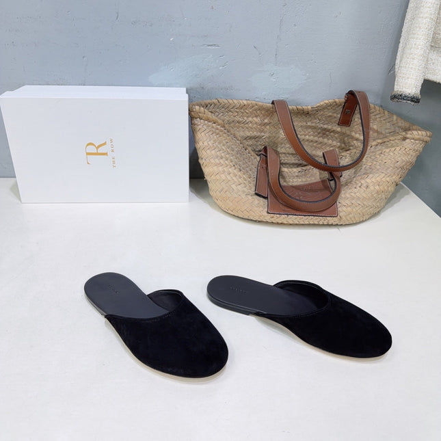 THE ROW 26S ROUND TOE MULE FLATS IN BLACK SUEDE