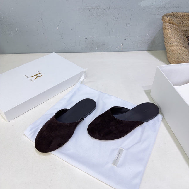 THE ROW 26S ROUND TOE MULE FLATS IN DARK BROWN SUEDE