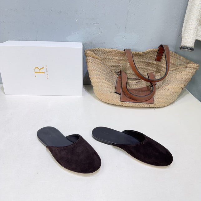 THE ROW 26S ROUND TOE MULE FLATS IN DARK BROWN SUEDE