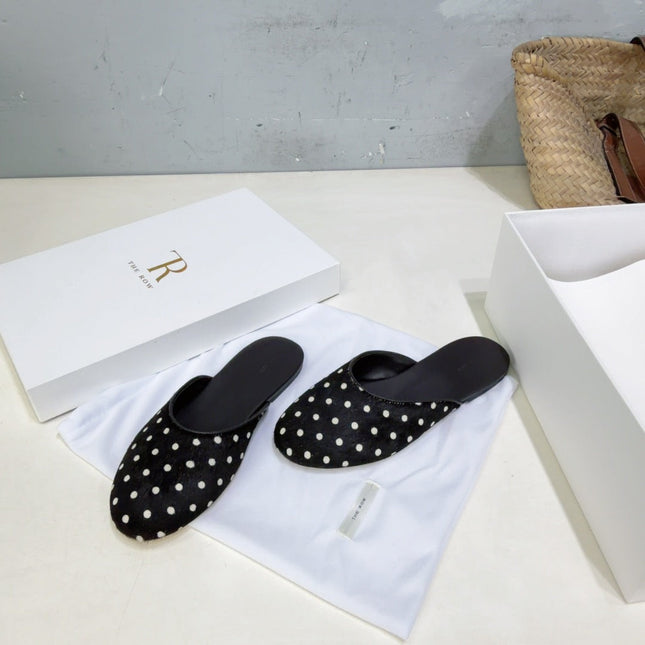 THE ROW 26S ROUND TOE MULE FLATS IN BLACK POLKA DOT CALF HAIR CALFSKIN