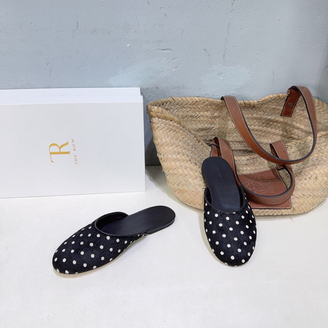 THE ROW 26S ROUND TOE MULE FLATS IN BLACK POLKA DOT CALF HAIR CALFSKIN