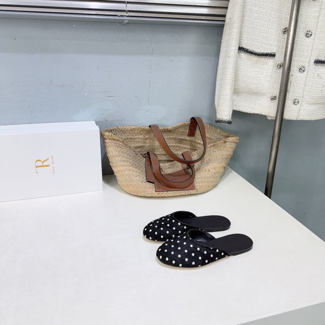 THE ROW 26S ROUND TOE MULE FLATS IN BLACK POLKA DOT CALF HAIR CALFSKIN