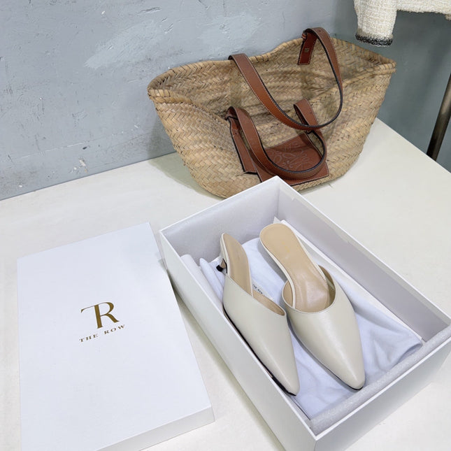 THE ROW 26S POINTED TOE MULE HEELS 35MM IN IVORY WHITE CALFSKIN
