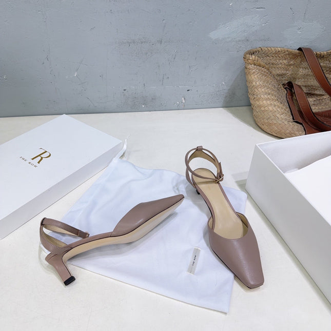 THE ROW 26S SQUARE TOE SLINGBACK HEELS 45MM IN MUTED TAUPE PINK CALFSKIN