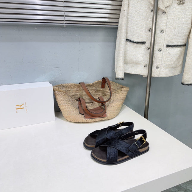 THE ROW 26S CROSS STRAP SANDALS IN BLACK CALFSKIN CALF HAIR