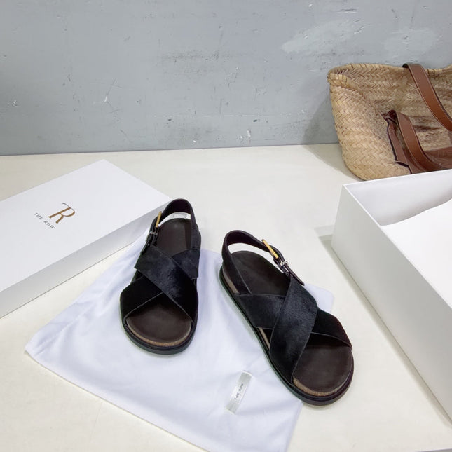 THE ROW 26S CROSS STRAP SANDALS IN BLACK CALFSKIN CALF HAIR