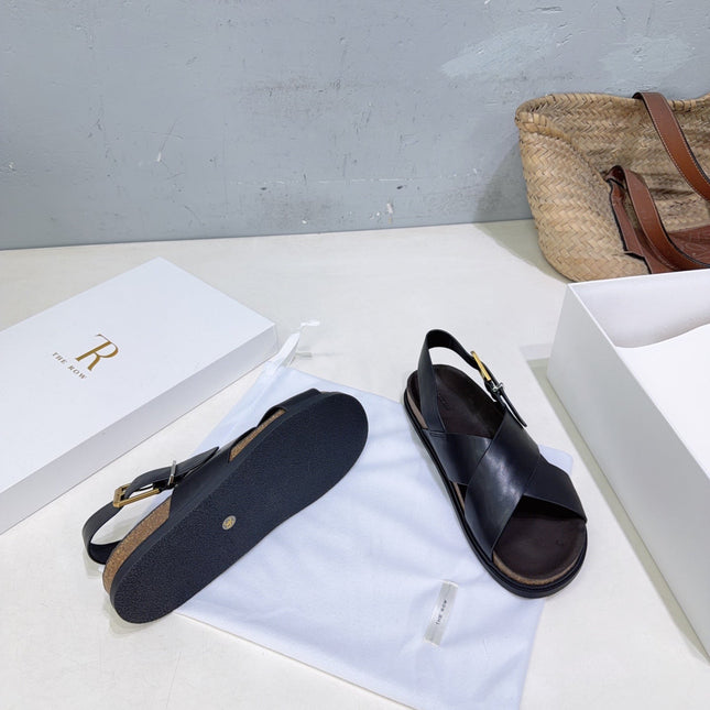 THE ROW 26S CROSS STRAP SANDALS IN BLACK CALFSKIN
