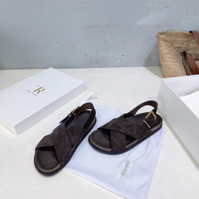 THE ROW 26S CROSS STRAP SANDALS IN DARK BROWN SUEDE