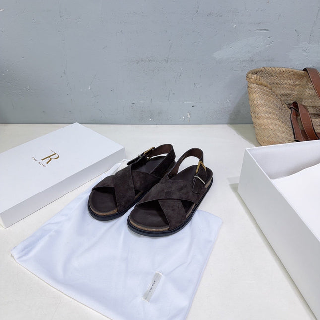 THE ROW 26S CROSS STRAP SANDALS IN DARK BROWN SUEDE