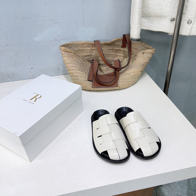 THE ROW 26S CAGE SLIDES IN IVORY WHITE SMOOTH CALFSKIN WITH BLACK FOOTBED