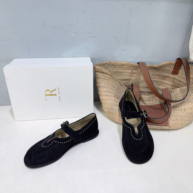 THE ROW 26S MARY JANE FLATS IN BLACK SUEDE SILVER HARDWARE