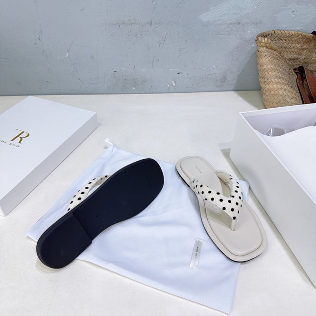 THE ROW 26S THONG SANDALS IN IVORY WHITE CALFSKIN & POLKA DOT CALF HAIR STRAPS