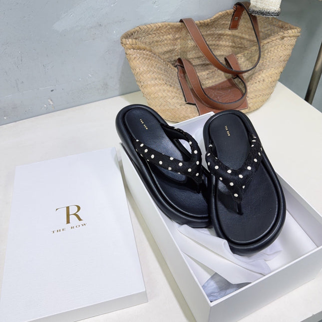 THE ROW 26S PLATFORM THONG SANDALS IN BLACK CALFSKIN & POLKA DOT CALF HAIR STRAPS