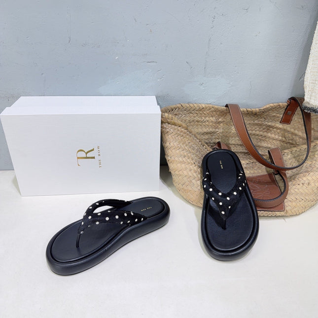 THE ROW 26S THONG SANDALS IN BLACK CALFSKIN & POLKA DOT CALF HAIR STRAPS