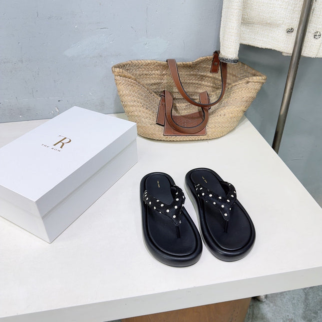THE ROW 26S THONG SANDALS IN BLACK CALFSKIN & POLKA DOT CALF HAIR STRAPS