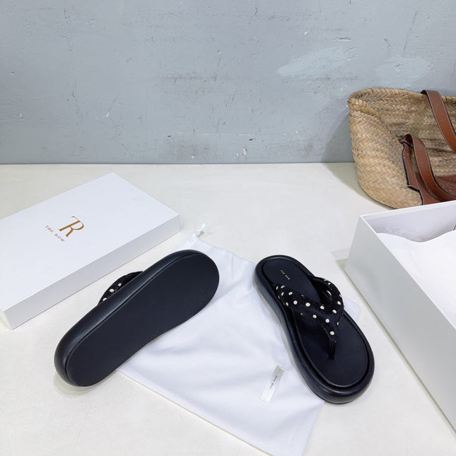 THE ROW 26S THONG SANDALS IN BLACK CALFSKIN & POLKA DOT CALF HAIR STRAPS